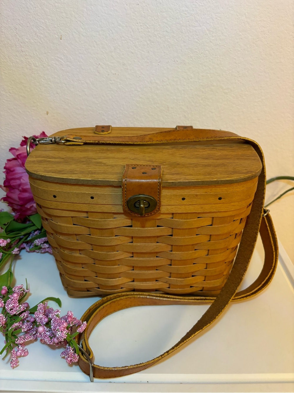 Vintage Longaberger 1998 Woven Wood Crossbody Shoulder Bag with Leather Strap